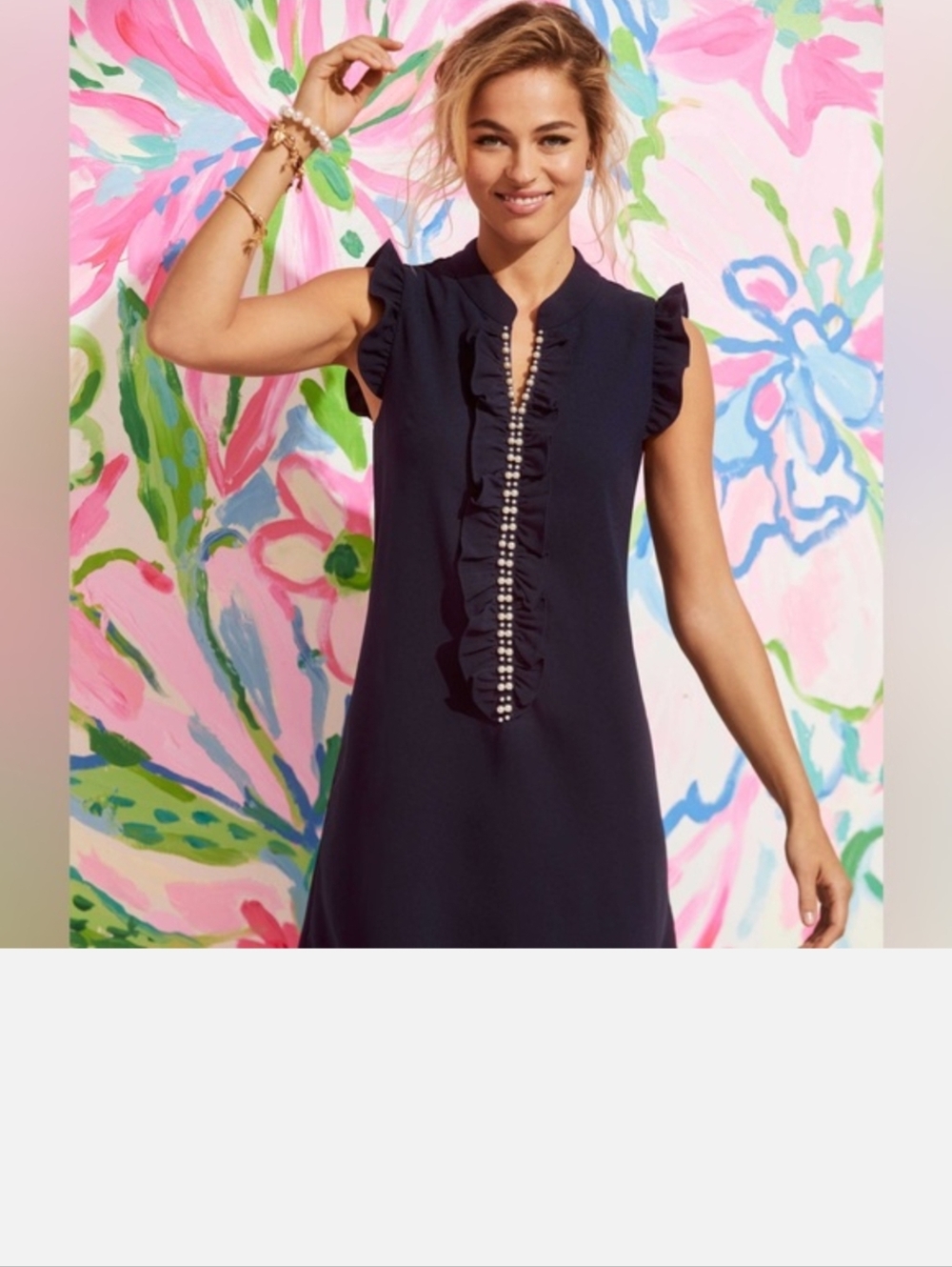 Lilly Pulitzer Navy Sleeveless Ruffle Shift Dress with Pearl Trim